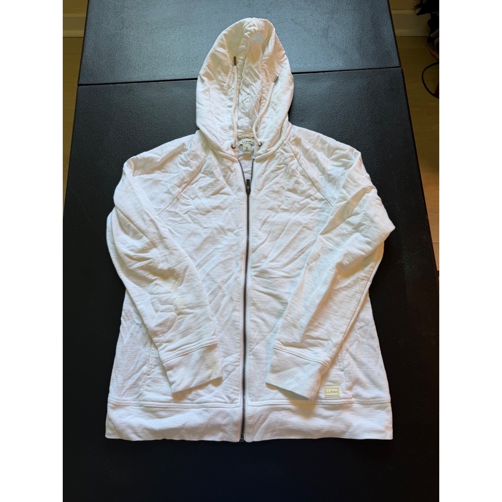 LL Bean Womens White Slub Cotton Full Zip Hoodie Sweatshirt M 521762
